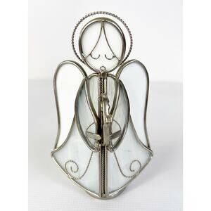 Vintage 3 Dimensional White Stained Glass Angel Harp Candle Holder Christmas